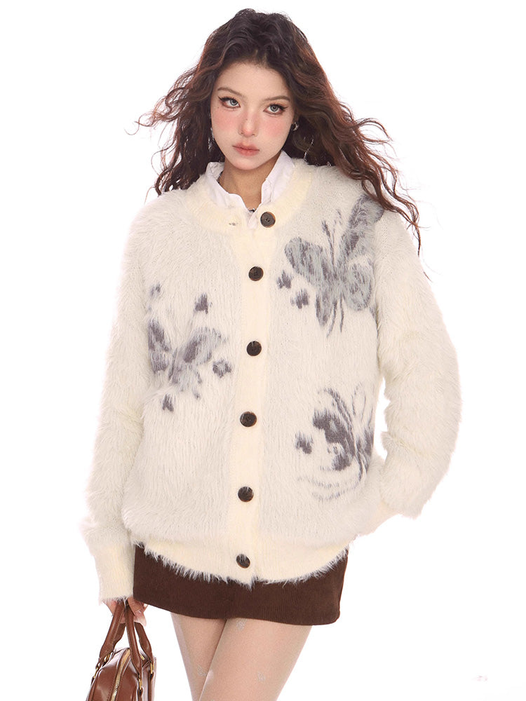 Butterfly embroidered knit cardigan