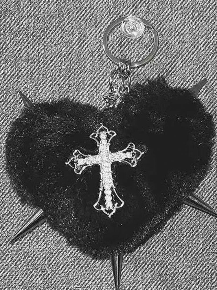 Y2K レオパードファー ハートクロス スタッズチャーム