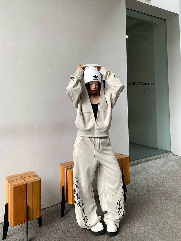 プリント カジュアル ジップアップフーディー セットアップ