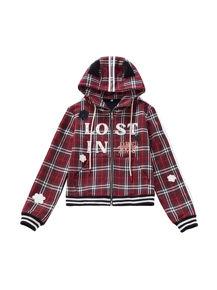 Red checked hooded sweatshirt jacket