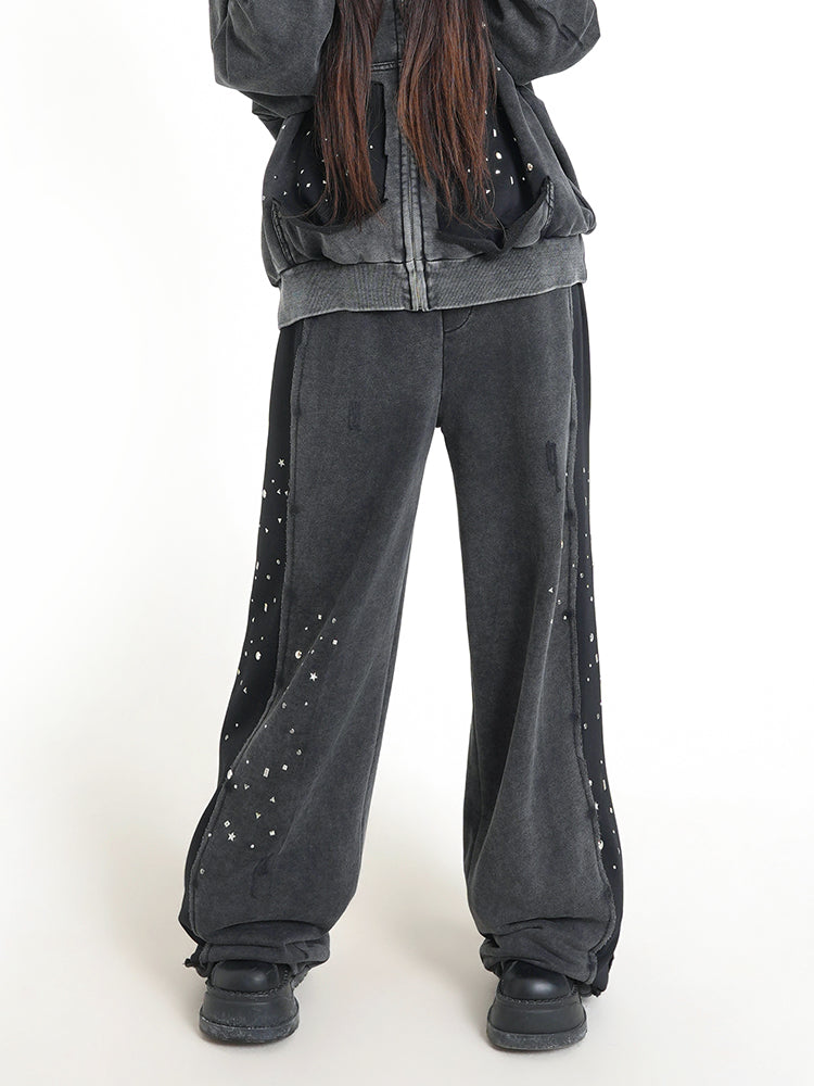 ウォッシュドブラック スパンコール ダメージ ドローストリングパンツ