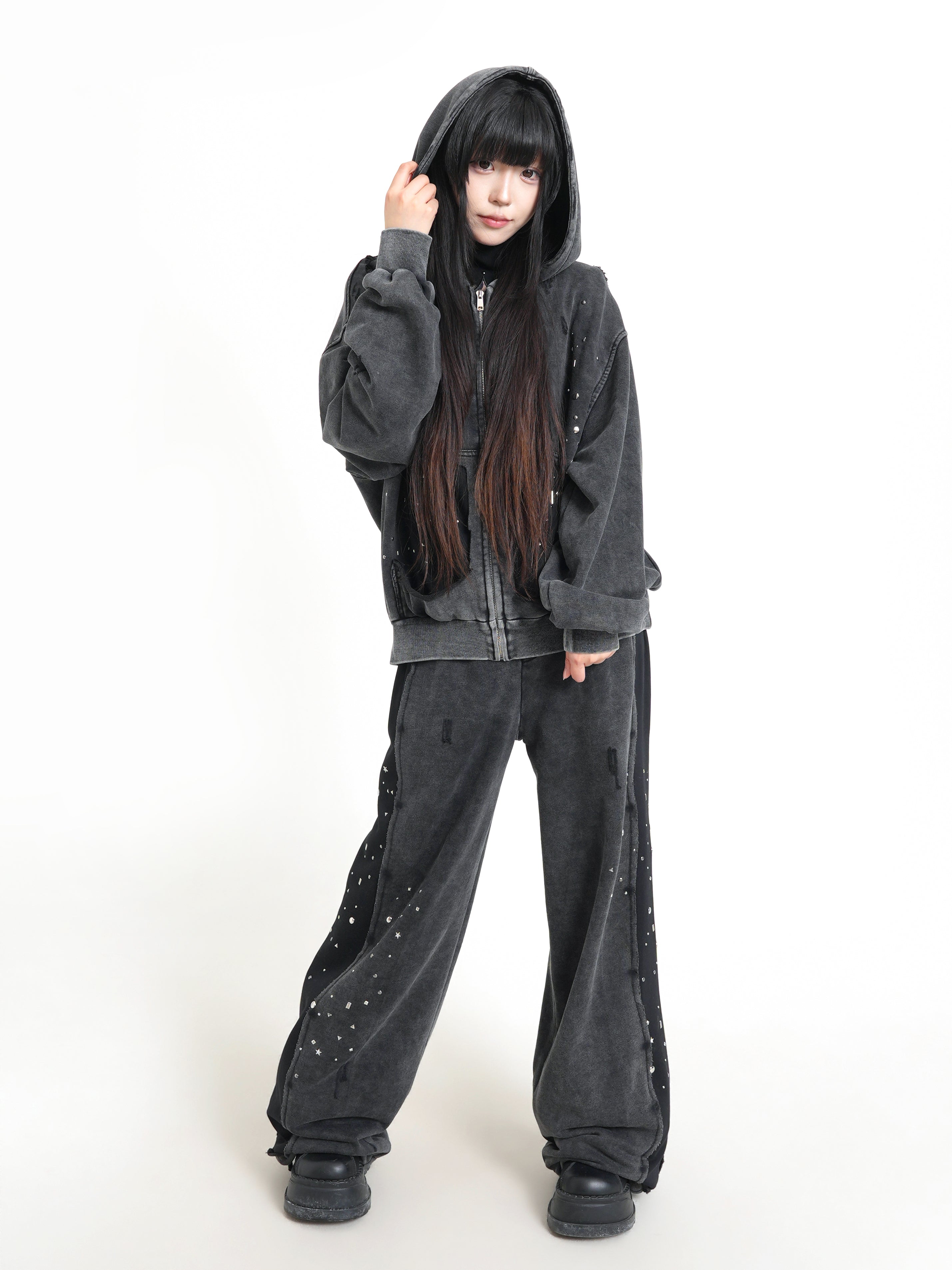 ウォッシュドブラック スパンコール ダメージ ドローストリングパンツ